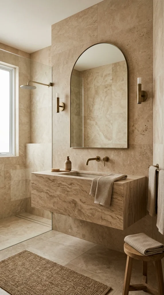 30 Minimalist Bathroom Ideas for a Calm, Clean, and Luxurious Space 21 neutral stone bathroom eleganc 021