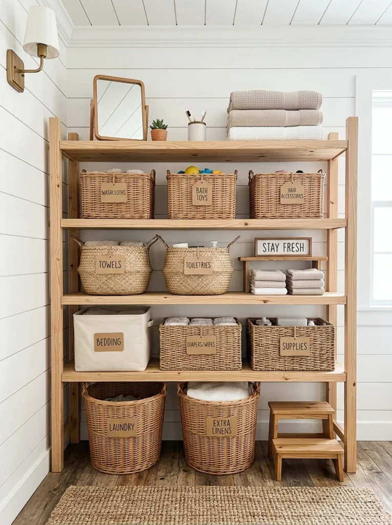 open wooden shelf storage wall 002b