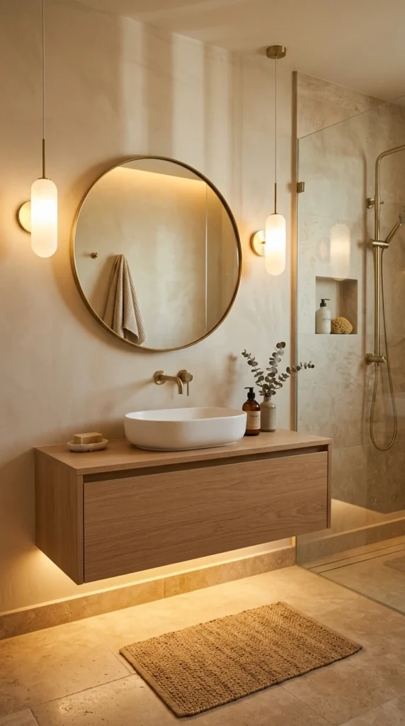 30 Minimalist Bathroom Ideas for a Calm, Clean, and Luxurious Space 10 soft lighting with layered glo 011