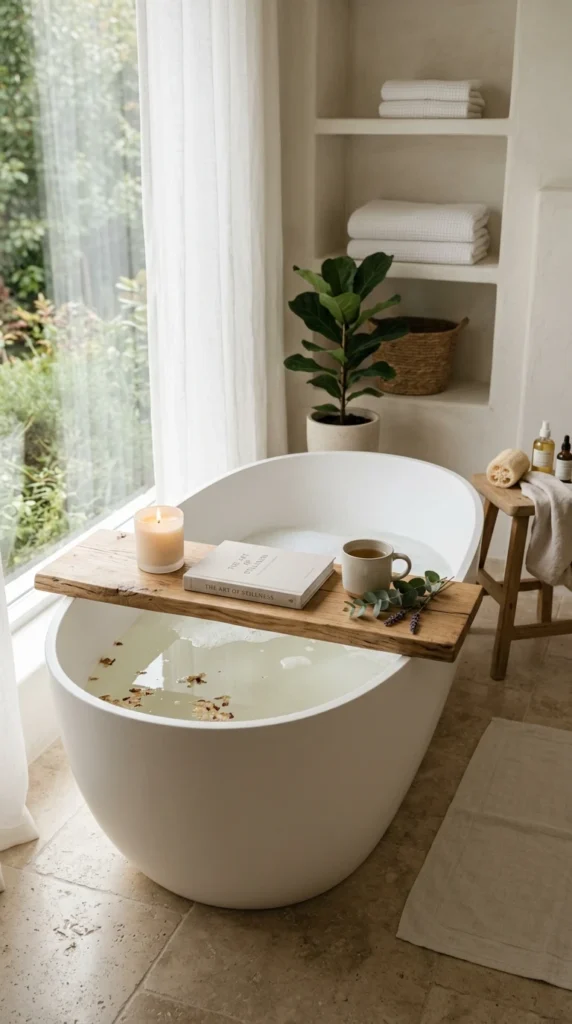 30 Minimalist Bathroom Ideas for a Calm, Clean, and Luxurious Space 17 spa like bathtub with wooden t 018