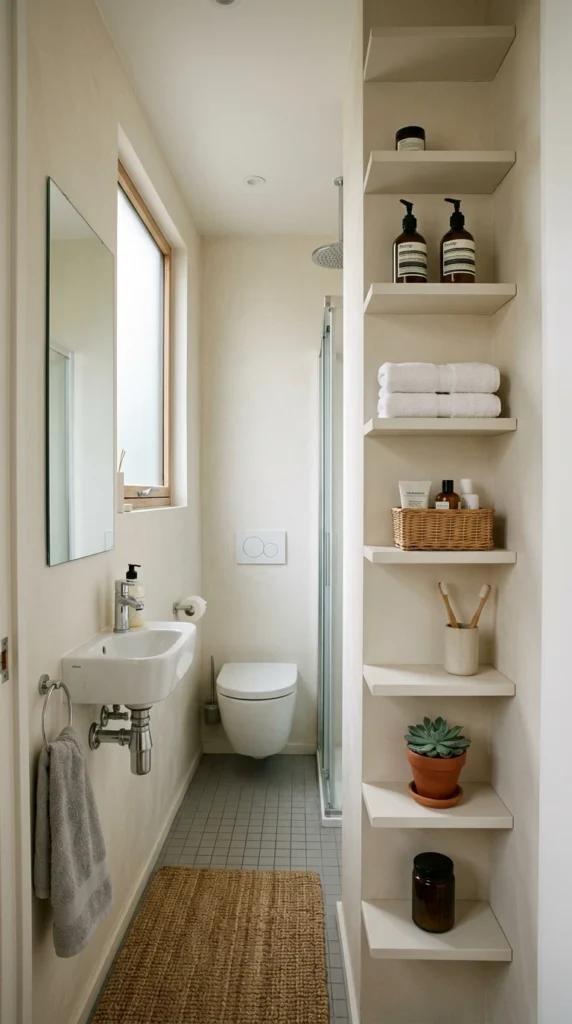 30 Minimalist Bathroom Ideas for a Calm, Clean, and Luxurious Space 9 tiny bathroom with vertical st 010