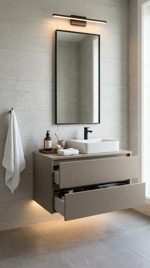 30 Minimalist Bathroom Ideas for a Calm, Clean, and Luxurious Space 3 wall mounted vanity with hidde 003