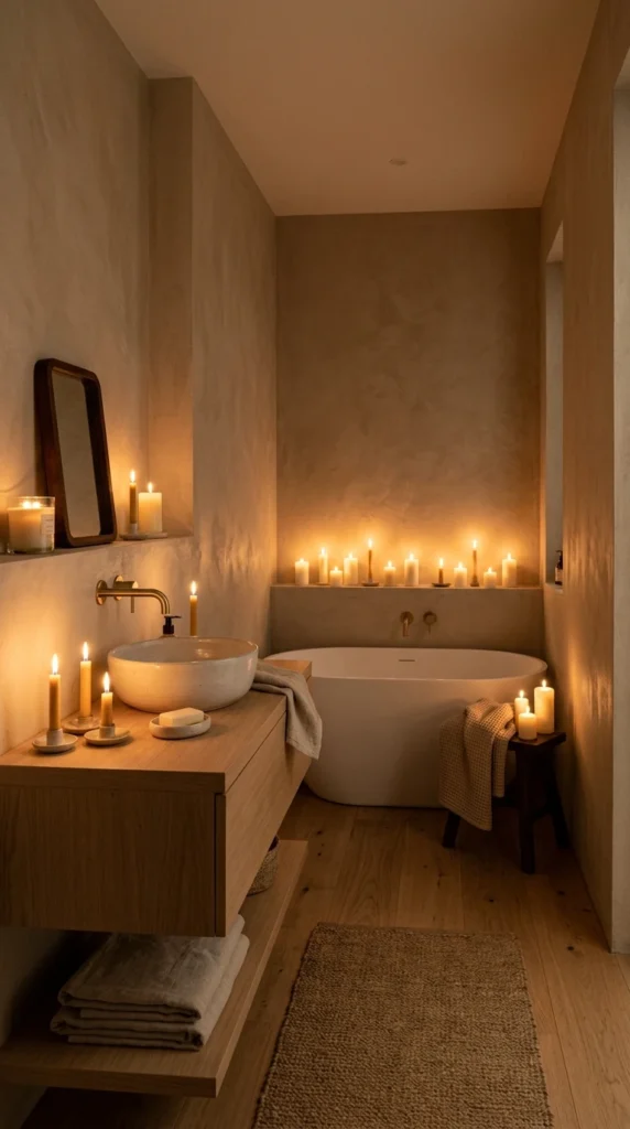 30 Minimalist Bathroom Ideas for a Calm, Clean, and Luxurious Space 30 warm minimal bathroom with can 029