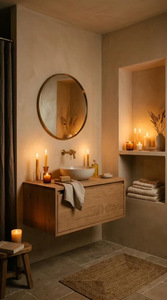30 Minimalist Bathroom Ideas for a Calm, Clean, and Luxurious Space 29 warm minimal bathroom with can 029b