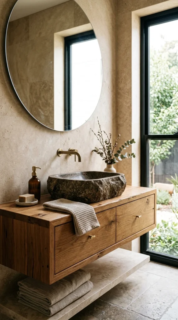 30 Minimalist Bathroom Ideas for a Calm, Clean, and Luxurious Space 13 warm wood and stone combinatio 014b