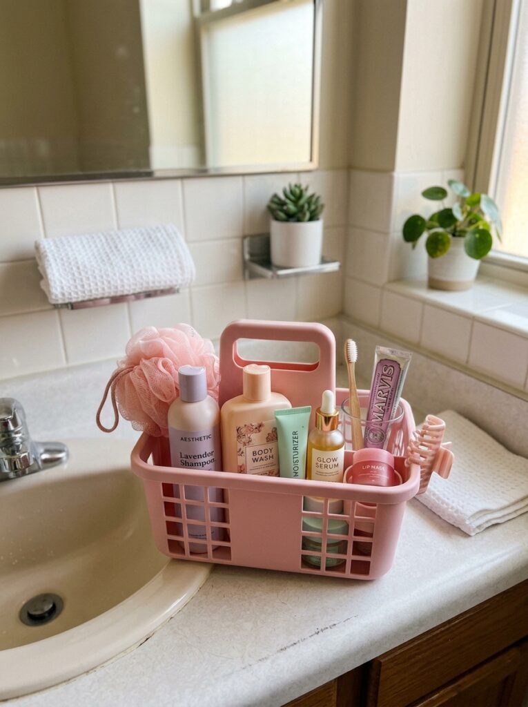 15 Dorm Bathroom Ideas That Feel So Clean & Aesthetic 1 1 Soft Pink Shower Caddy Setup