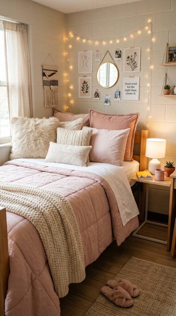 30 Dorm Bedding Ideas Every College Girl Is Saving Right Now (Cozy & Aesthetic) 1 1. Soft Blush Pink Layered Bedding