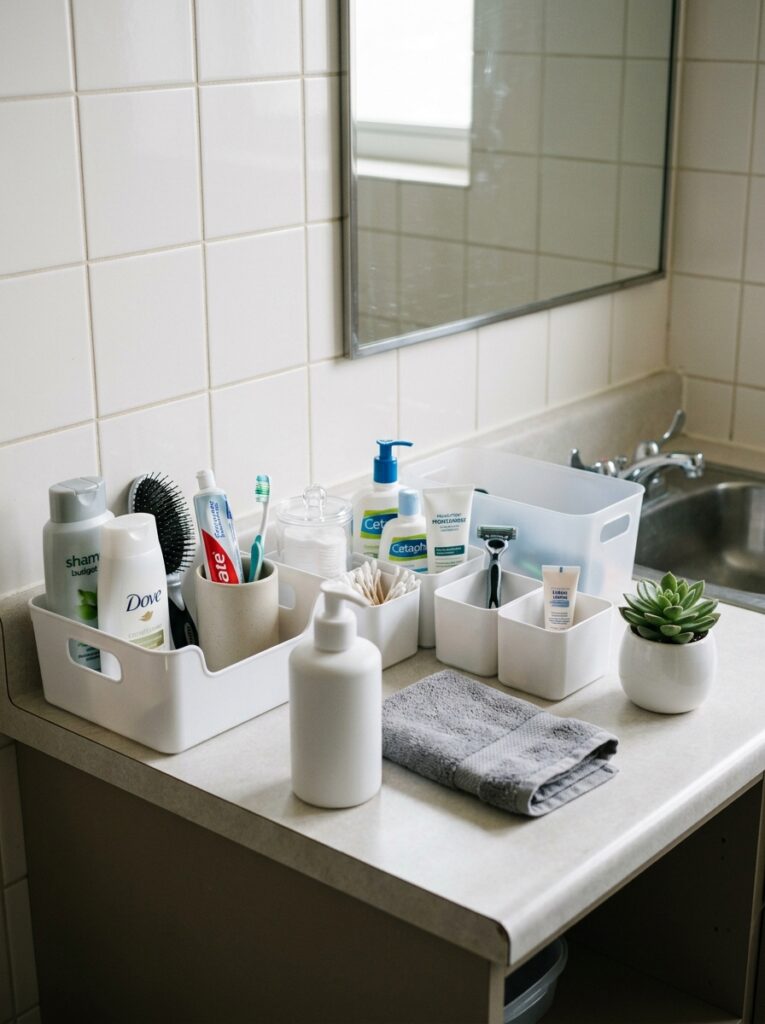 15 Dorm Bathroom Ideas That Feel So Clean & Aesthetic 10 10 Dorm bathroom counter with organized