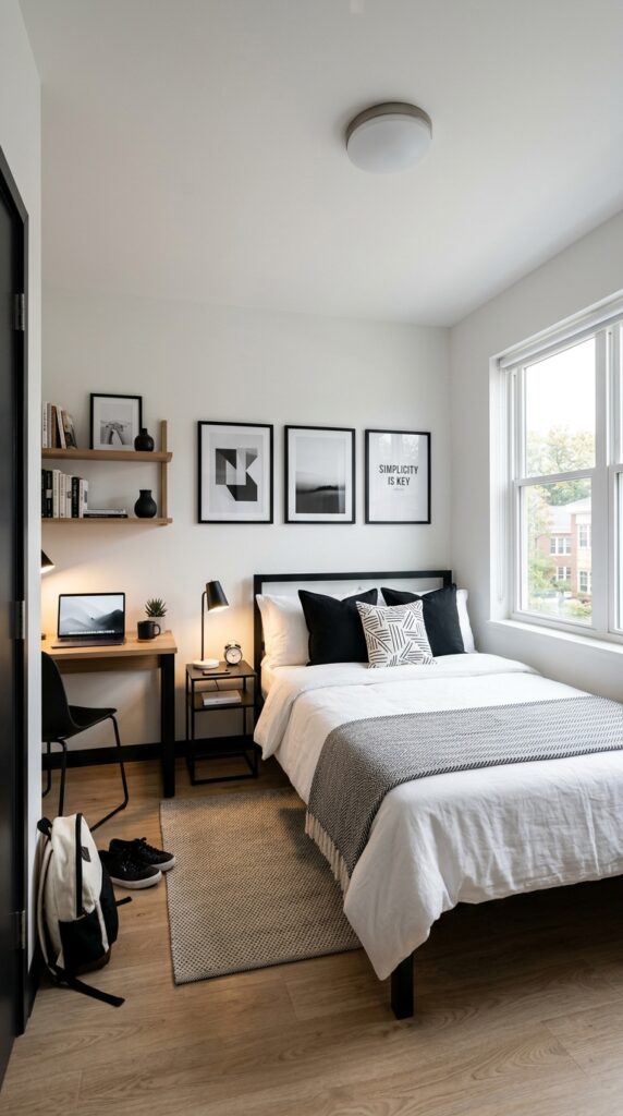 30 Dorm Bedding Ideas Every College Girl Is Saving Right Now (Cozy & Aesthetic) 10 10. Minimalist Black White Setup
