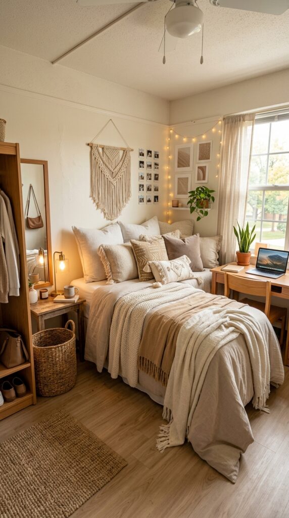 30 Dorm Bedding Ideas Every College Girl Is Saving Right Now (Cozy & Aesthetic) 16 15. Boho Neutral Layered Look