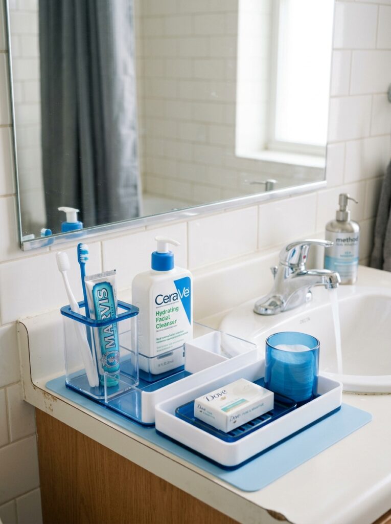 15 Dorm Bathroom Ideas That Feel So Clean & Aesthetic 2 2 Blue and White Sink Organization Station