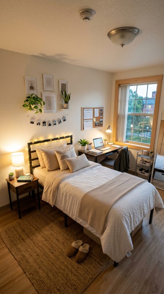 30 Dorm Bedding Ideas Every College Girl Is Saving Right Now (Cozy & Aesthetic) 25 23. Aesthetic Dorm Bed with Fairy Lights