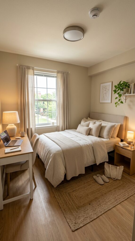 30 Dorm Bedding Ideas Every College Girl Is Saving Right Now (Cozy & Aesthetic) 27 25. Chic Monochrome Beige Setup