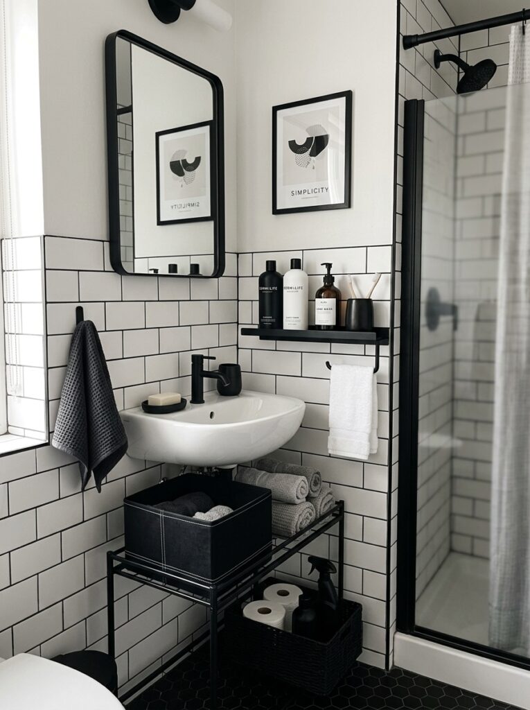 15 Dorm Bathroom Ideas That Feel So Clean & Aesthetic 3 3 Black and White Modern Bathroom Corner