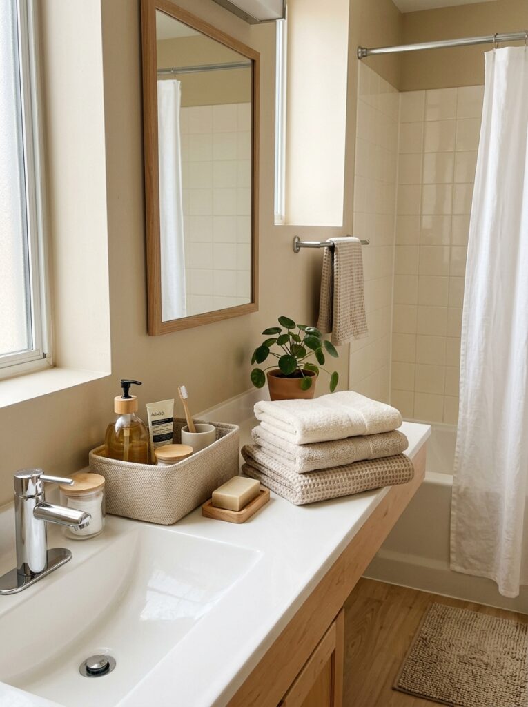 15 Dorm Bathroom Ideas That Feel So Clean & Aesthetic 4 4 Neutral Minimalist Bathroom Setup