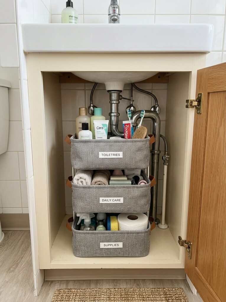 15 Dorm Bathroom Ideas That Feel So Clean & Aesthetic 8 8 Under sink storage baskets toilet