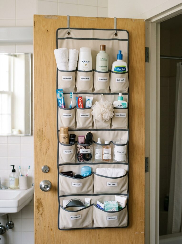 15 Dorm Bathroom Ideas That Feel So Clean & Aesthetic 9 9 Over the door organizer filled